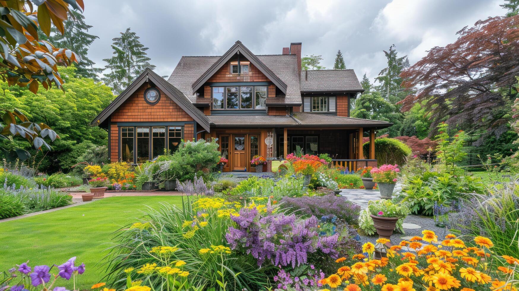 ai generiert ein schön gepflegt Haus und Garten präsentieren beschwingt jährlich und mehrjährig Gardens im voll blühen foto