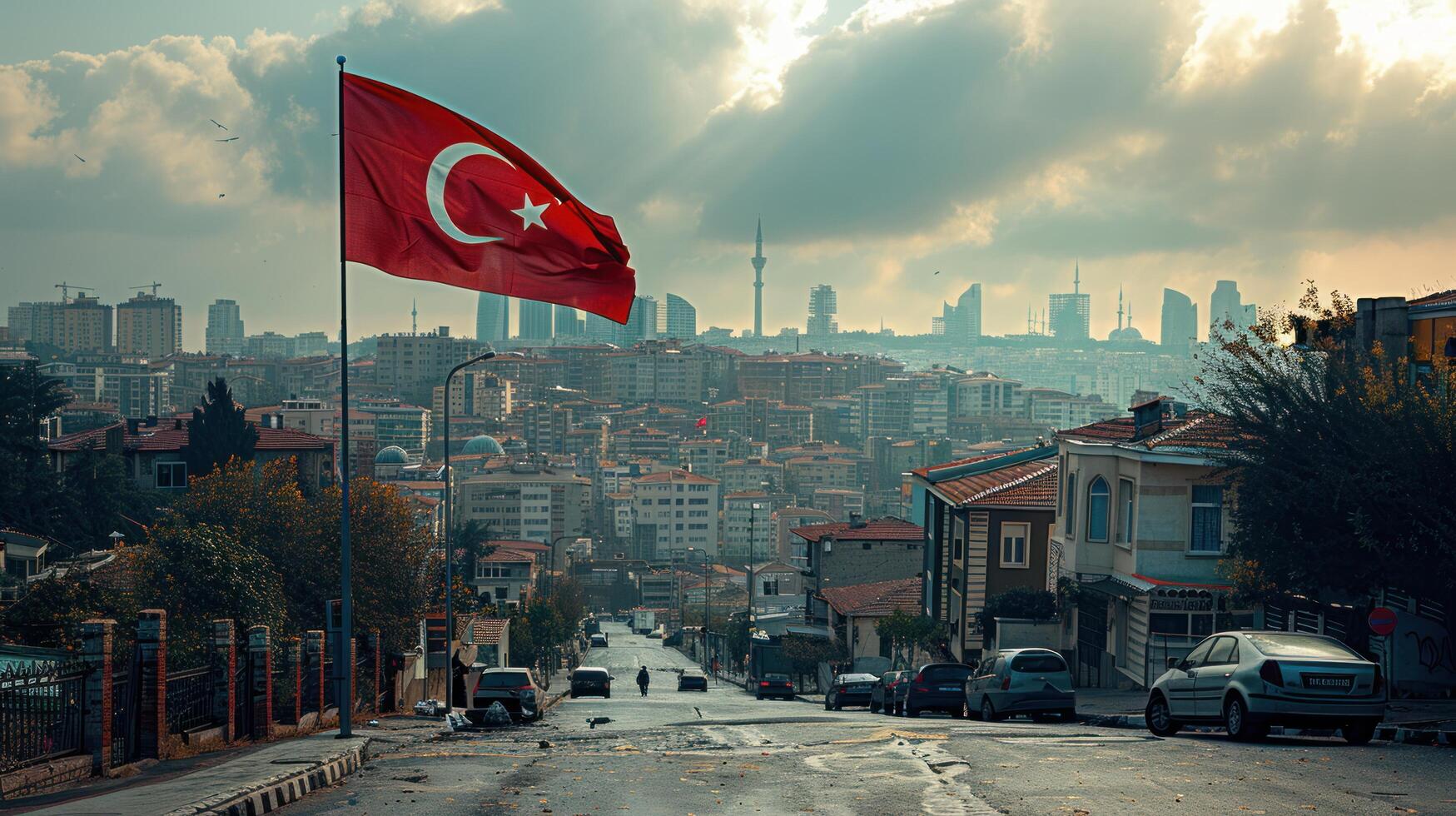 ai generiert ein Türkisch National Flagge ist angezeigt auf ein Pole draußen foto