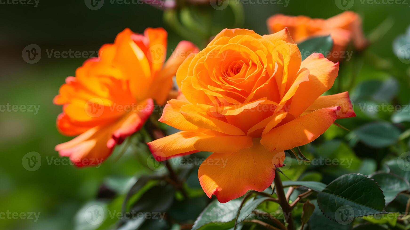 ai generiert Bild Gartenarbeit Konzept Banner mit Orange Rosen im Garten Hintergrund foto