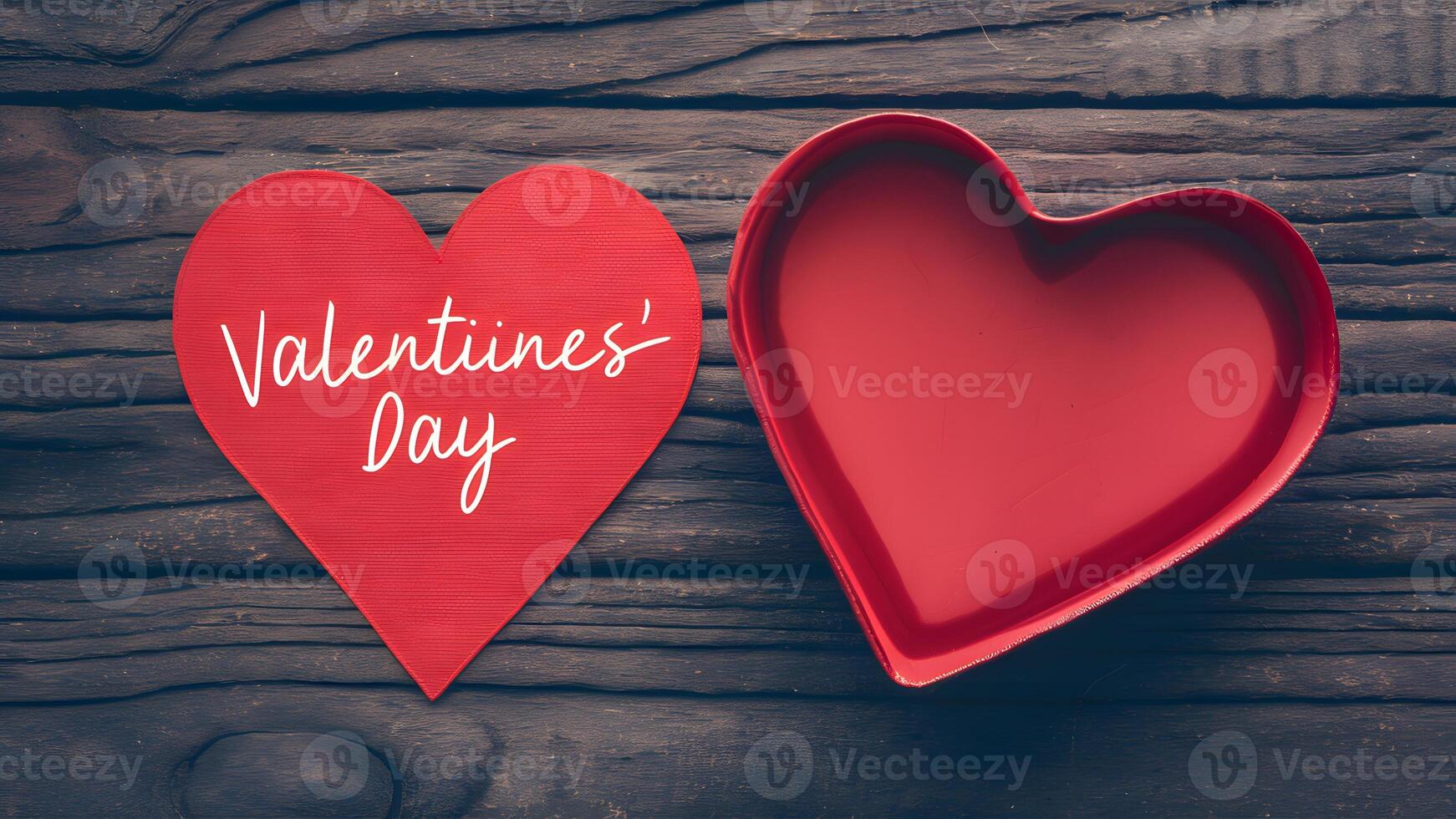 ai generiert Valentinsgrüße Tag Bild mit rot Herz Band auf hölzern Hintergrund foto