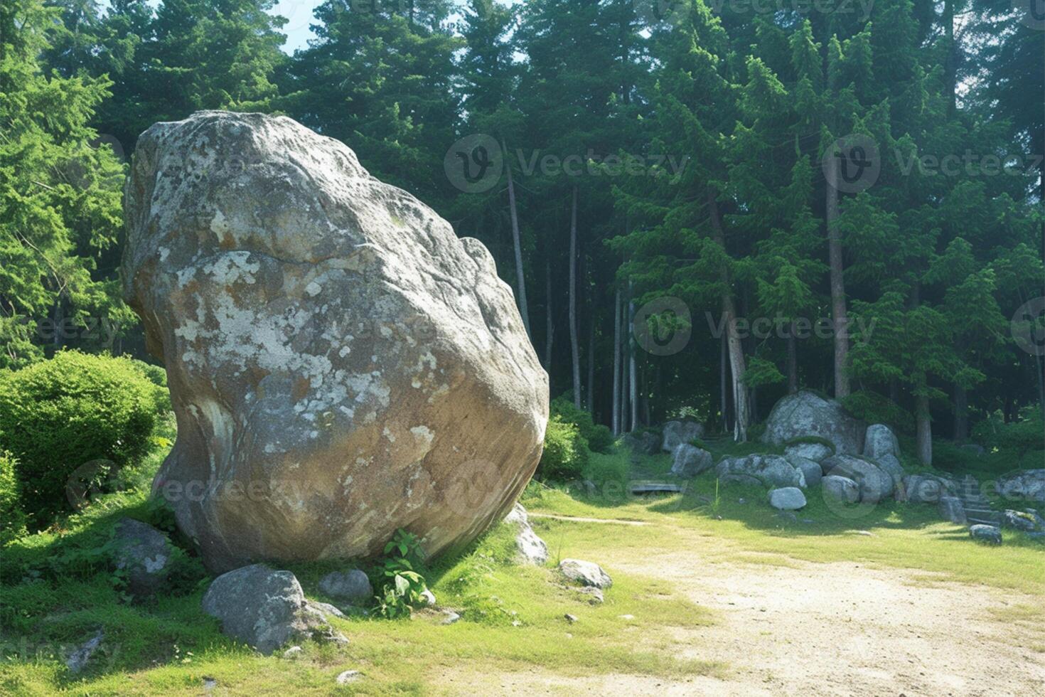 ai generiert solide grau Felsbrocken Kontraste gegen Grün Bäume im ein natürlich Rahmen foto