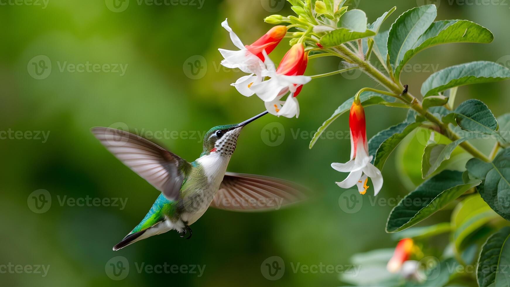 ai generiert Kolibri schwebt anmutig unter ein Schmetterling Busch mit Blumen foto