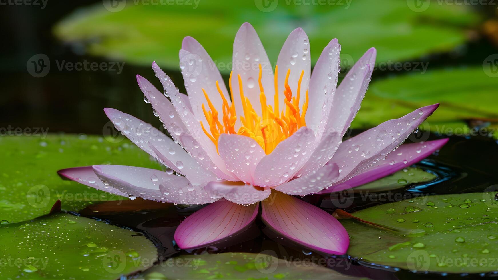 ai generiert Regentropfen bedeckt Wasser Lilie Blume auf Teich Hintergrund foto