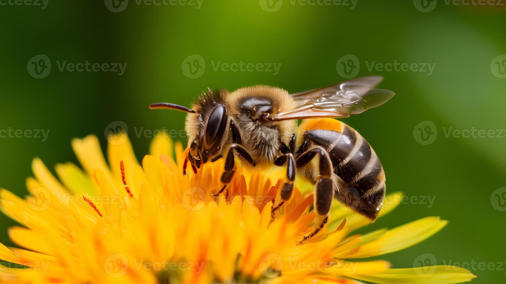 ai generiert verschwommen Grün Hintergrund mit Makro Schuss von Honig Biene foto