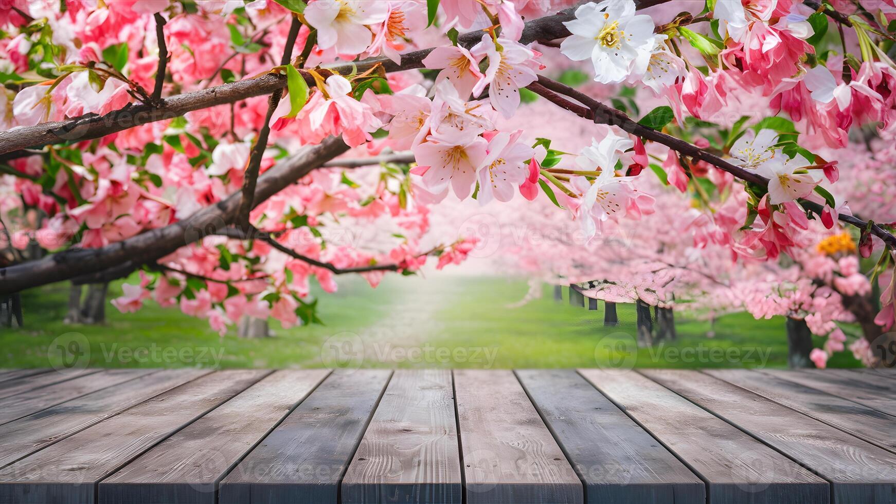 ai generiert Aussicht Holz Tabelle oben verwischen Sakura Blume Garten Hintergrund Natur foto