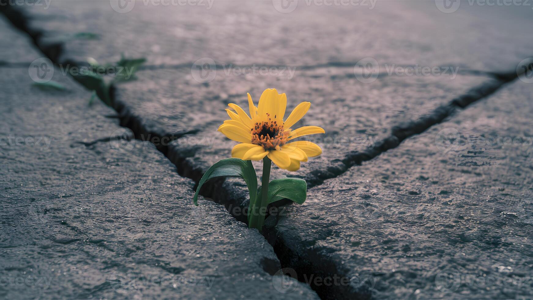 ai generiert Gelb Blume entstehenden von Riss symbolisiert hoffen im Straße Szene foto