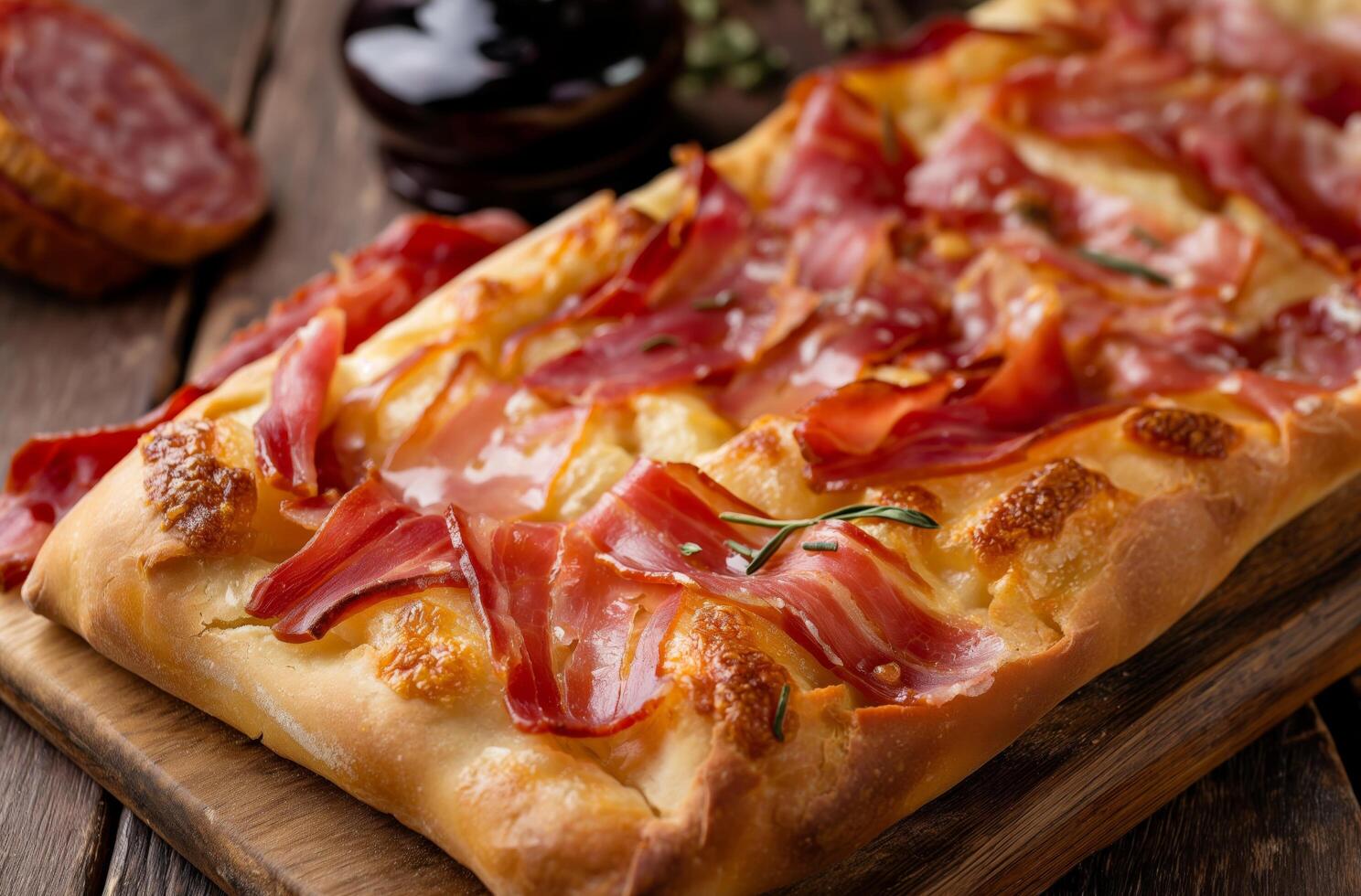 ai generiert Schinken Kuchen auf Tafel foto