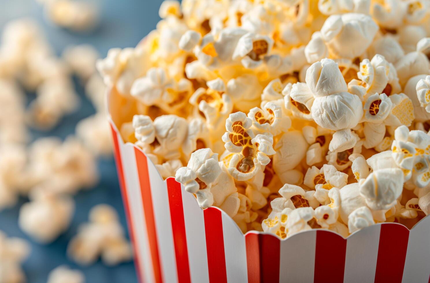 ai generiert gestreift Box überfüllt mit Popcorn foto