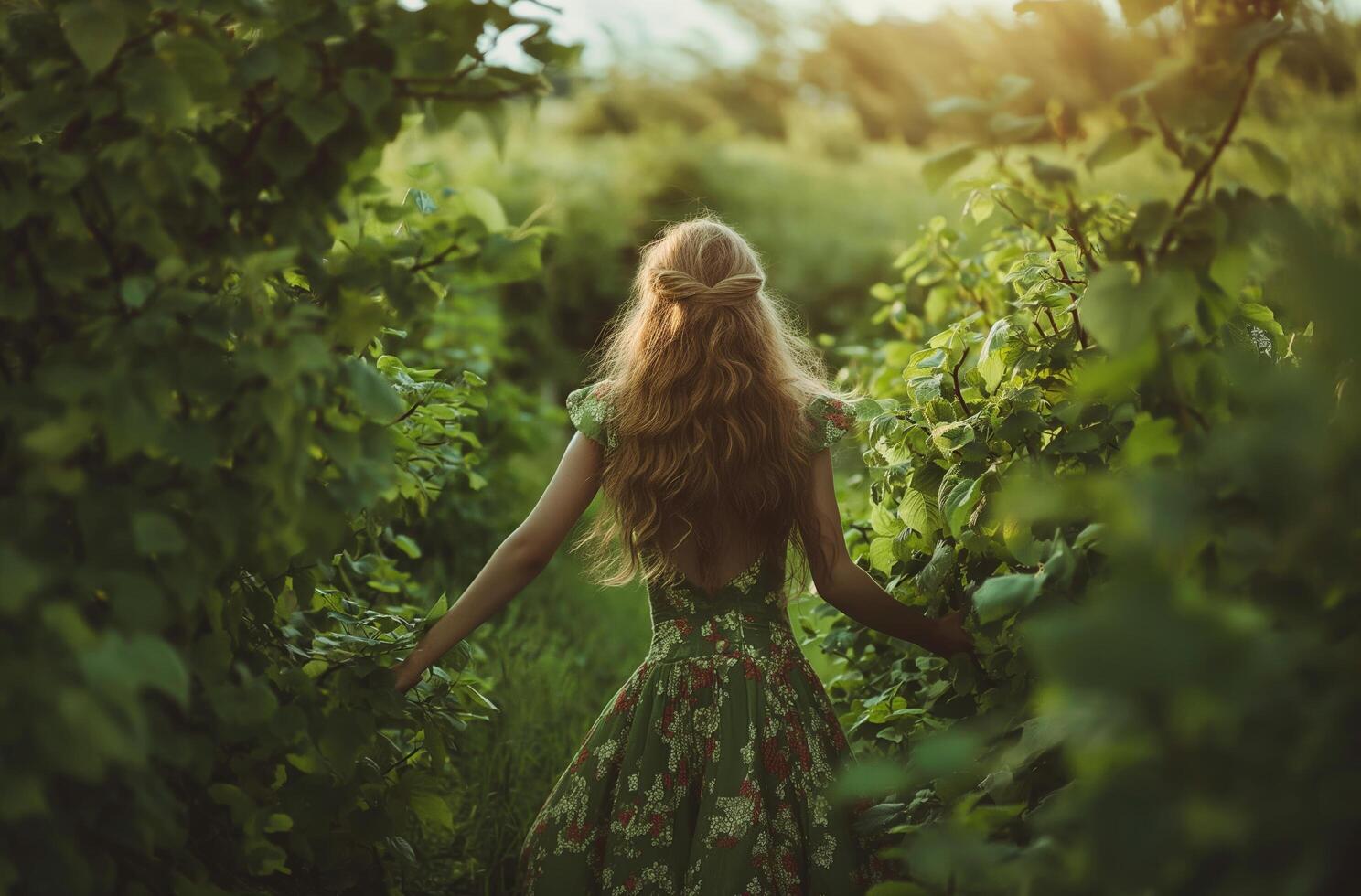 ai generiert Mädchen im Grün thematisch Kleid im Natur foto