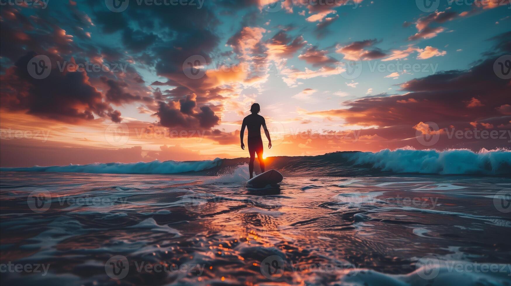 ai generiert Surfer Silhouette gegen dramatisch Sonnenuntergang auf Ozean Wellen foto