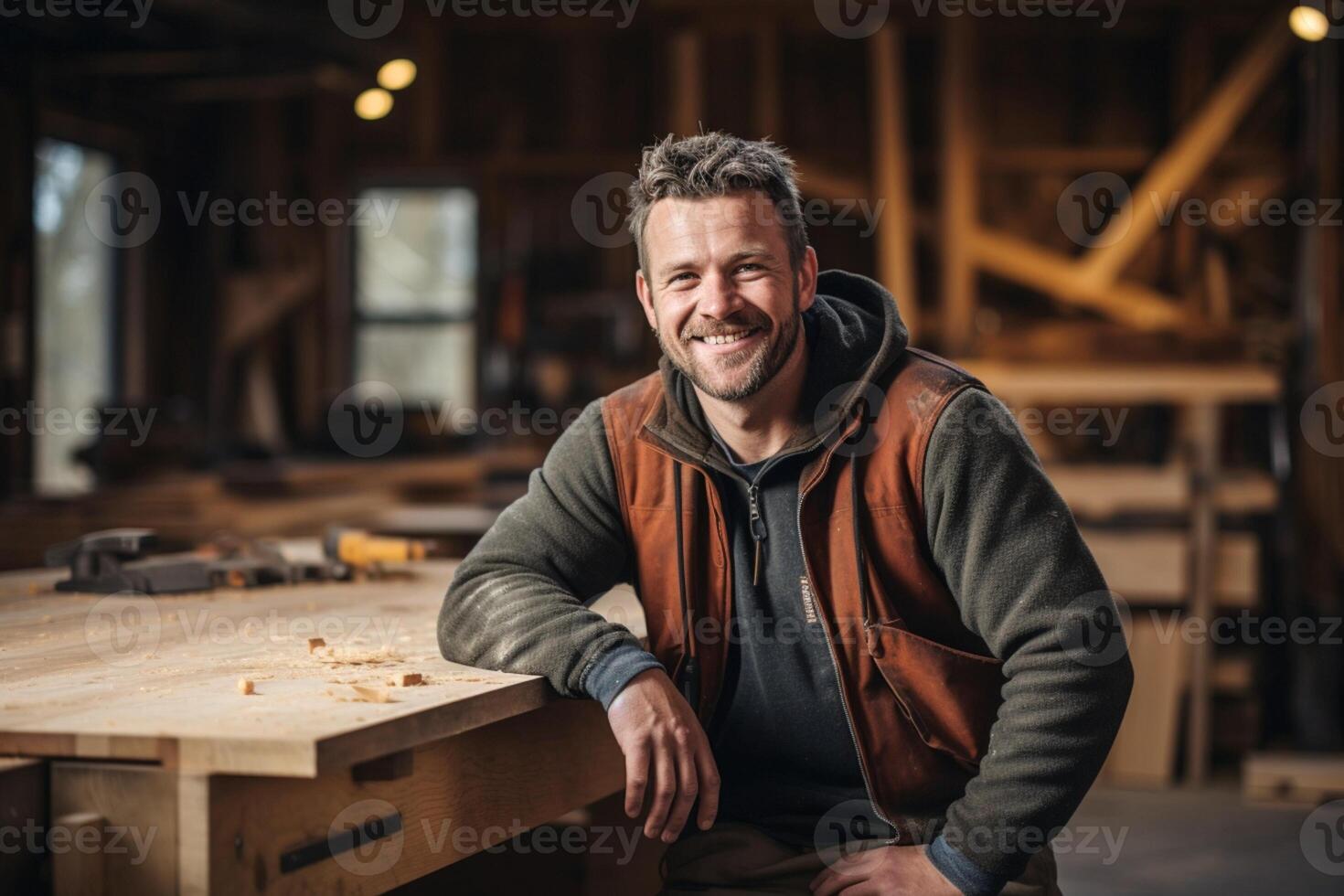 ai generiert jung lächelnd Mann Zimmermann Schreiner Sitzung in der Nähe von leeren hölzern Tabelle im seine Werkstatt foto