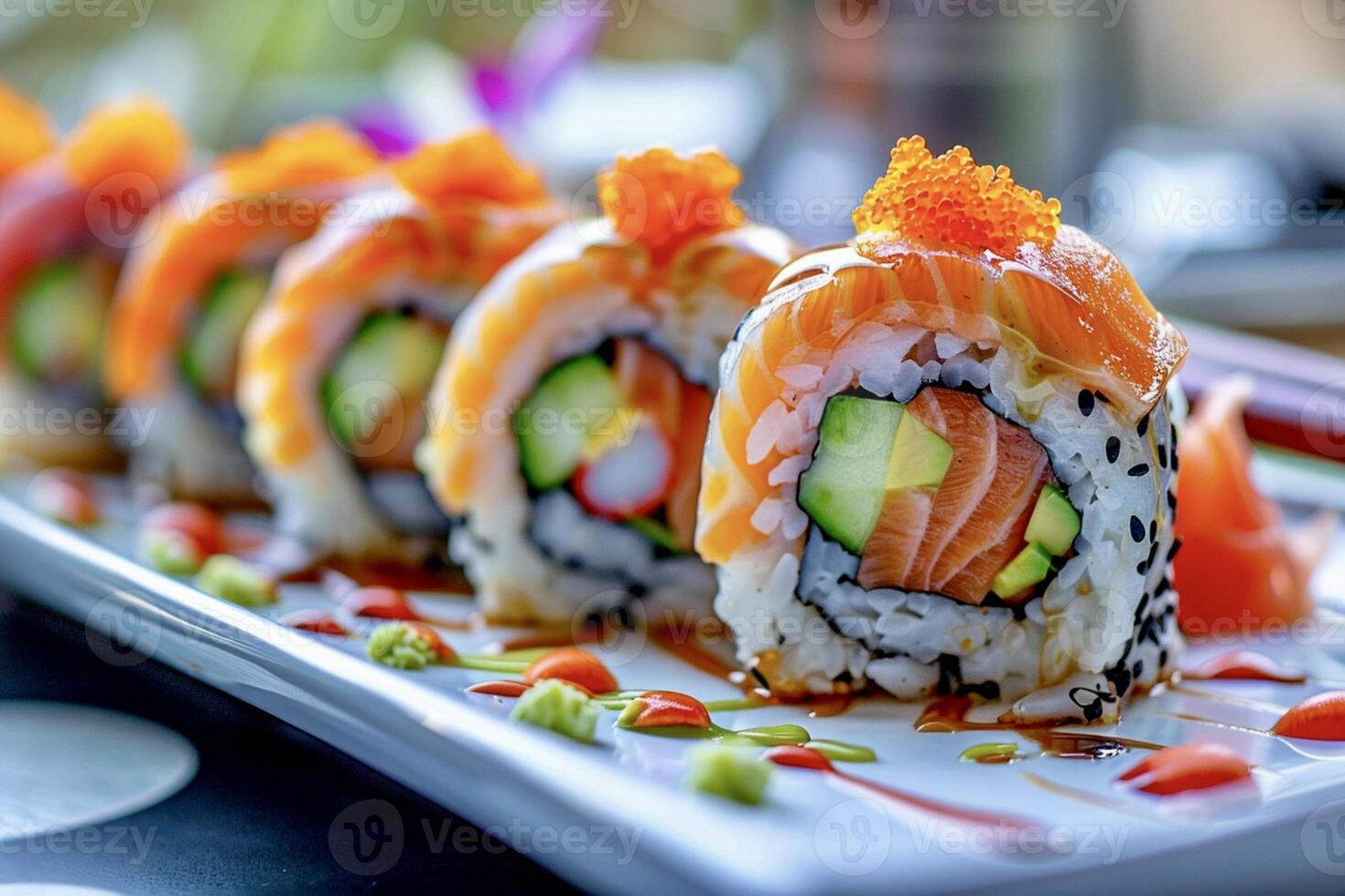 ai generiert Sushi auf ein Weiß Platte, bunt Sushi Rollen, Gurke, Avocado, Lachs, schließen oben foto