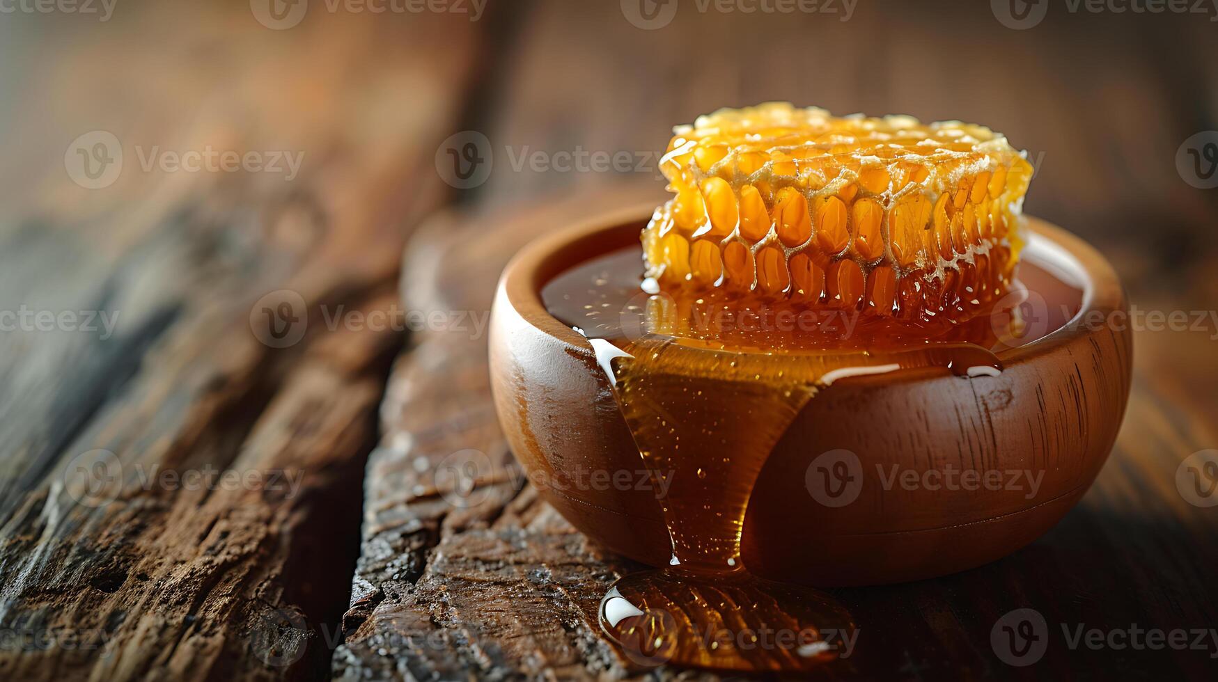 ai generiert rein Honig im ein Schüssel auf ein hölzern Tabelle foto