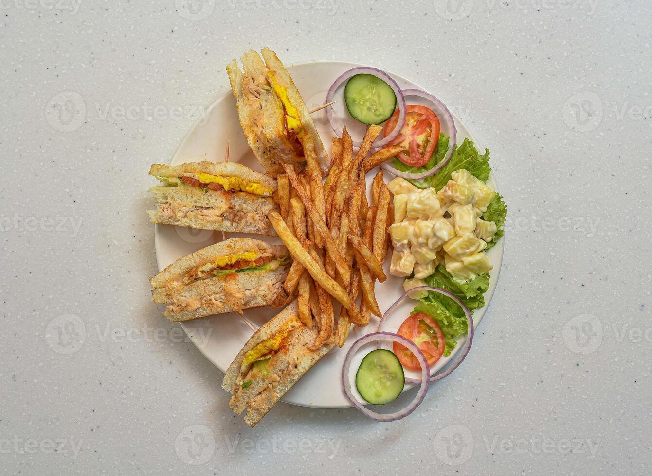 Hähnchen Verein Sandwich mit Fritten, russain Salat serviert im ein Gericht isoliert auf grau Hintergrund oben Aussicht von indisch, pakistanisch Essen foto