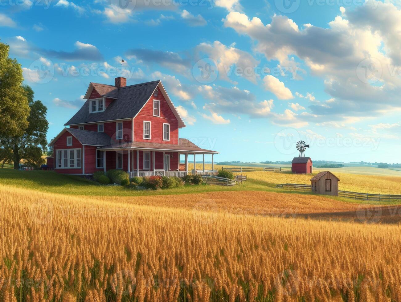 ai generiert ein Ranch Haus umgeben durch endlos Felder von Weizen und Mais foto