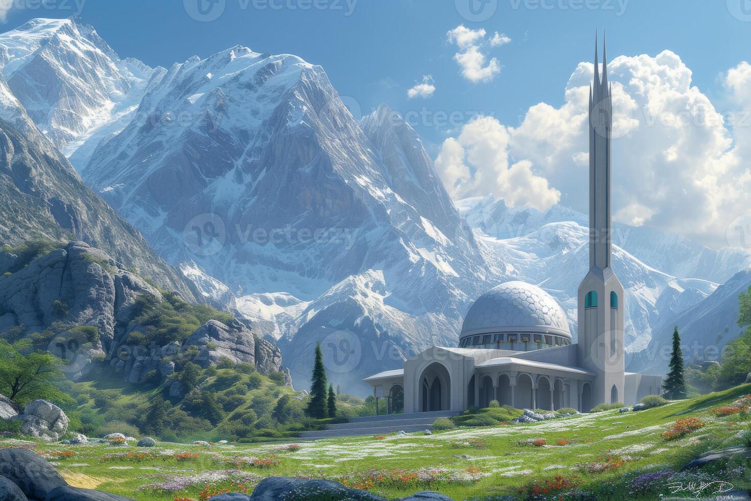 ein modern Moschee eingebettet inmitten das friedlich Landschaft foto