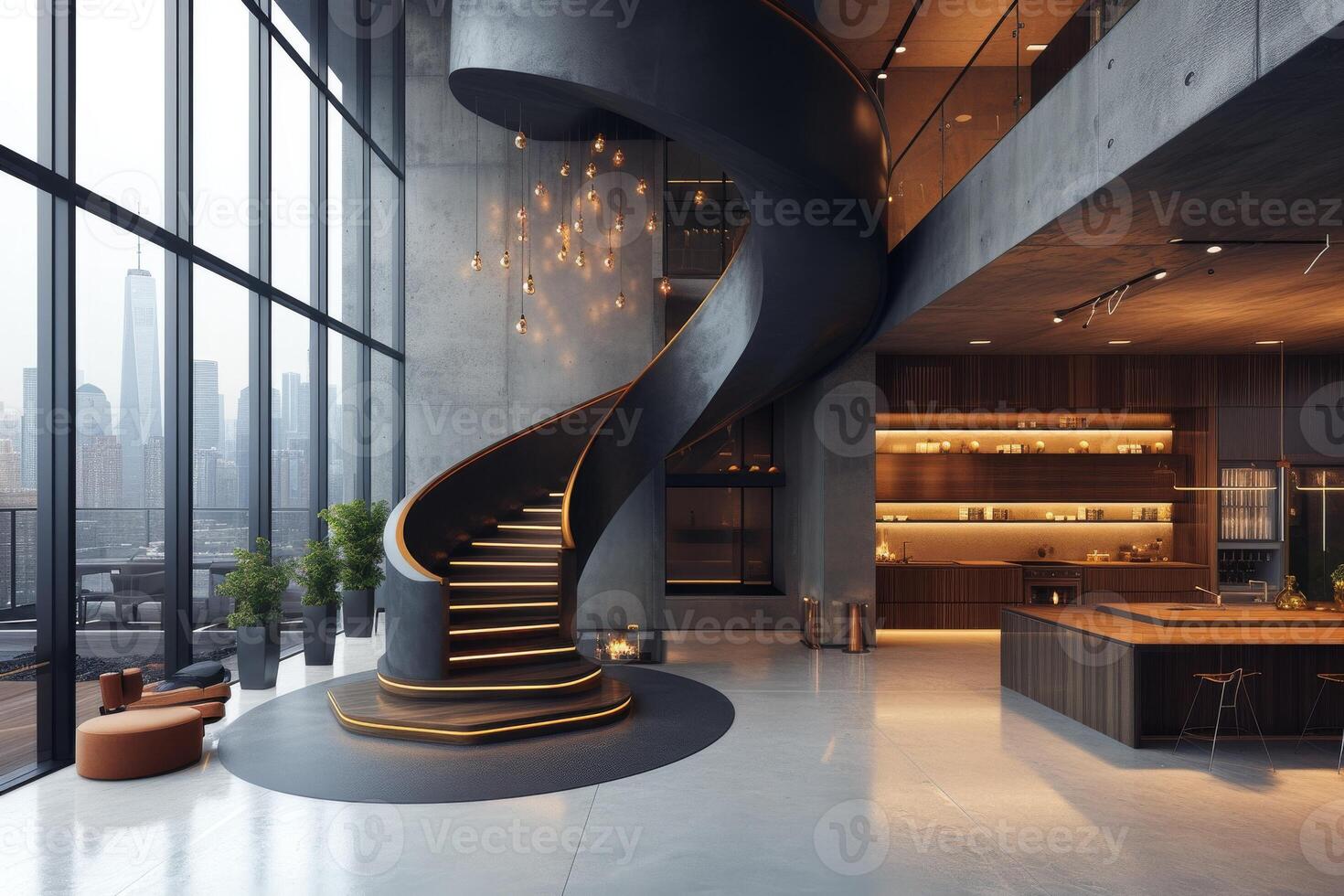 ai generiert ein modern Luxus Dachgeschoss Innere präsentieren ein dramatisch Spiral- Treppe foto