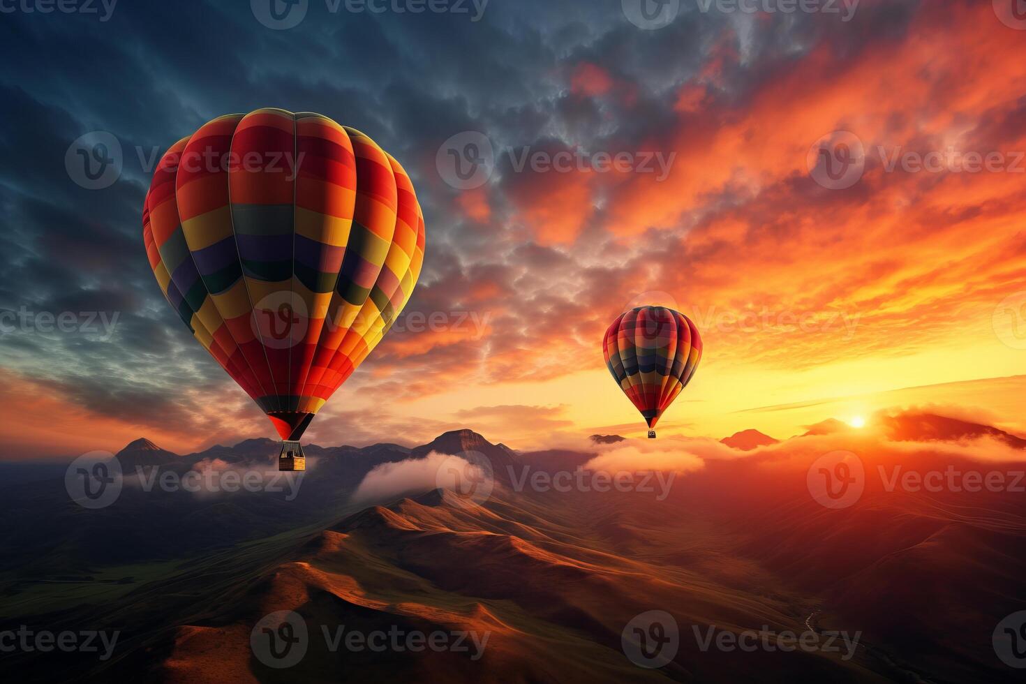 ai generiert ein Trio von heiß Luft Luftballons steigend beim Sonnenaufgang. generativ ai foto