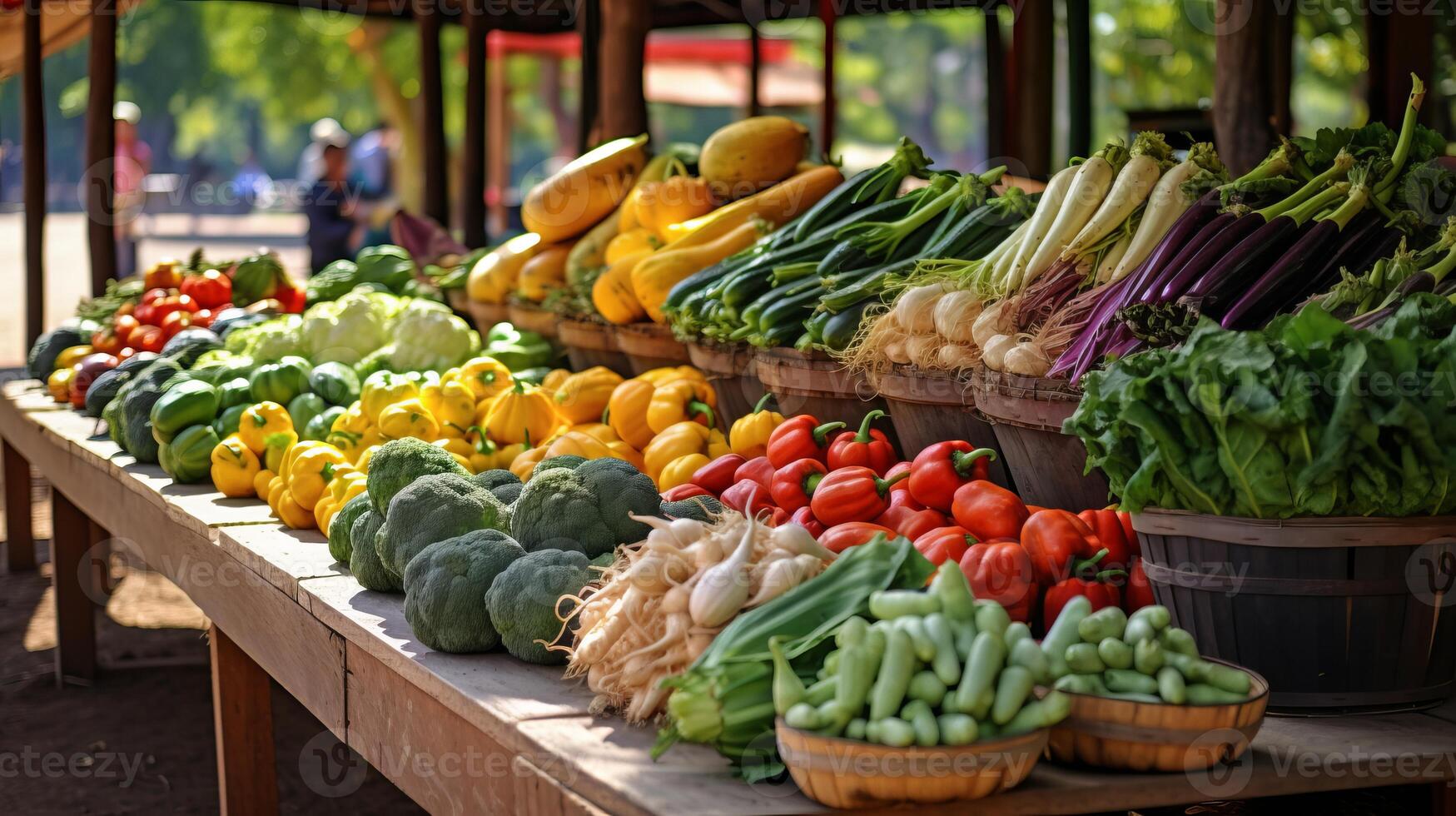 ai generiert ein Landwirte Markt gefüllt mit saisonal Früchte, Gemüse. generativ ai foto