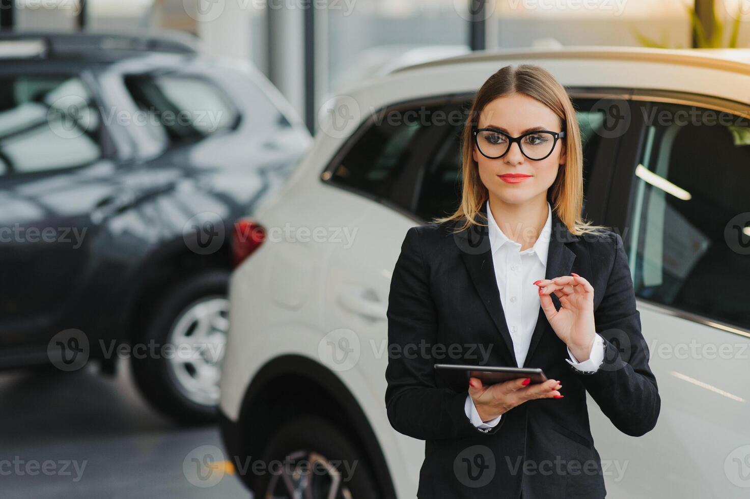 schön jung Frau kauft ein ein Auto im das Händler Saloon. foto