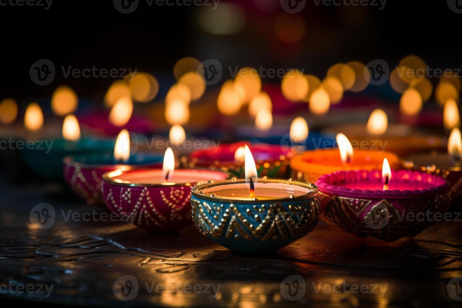 ai generiert Gruppe von zündete Kerzen Sitzung auf oben von ein Tabelle Diwali Lampe. generativ ai foto