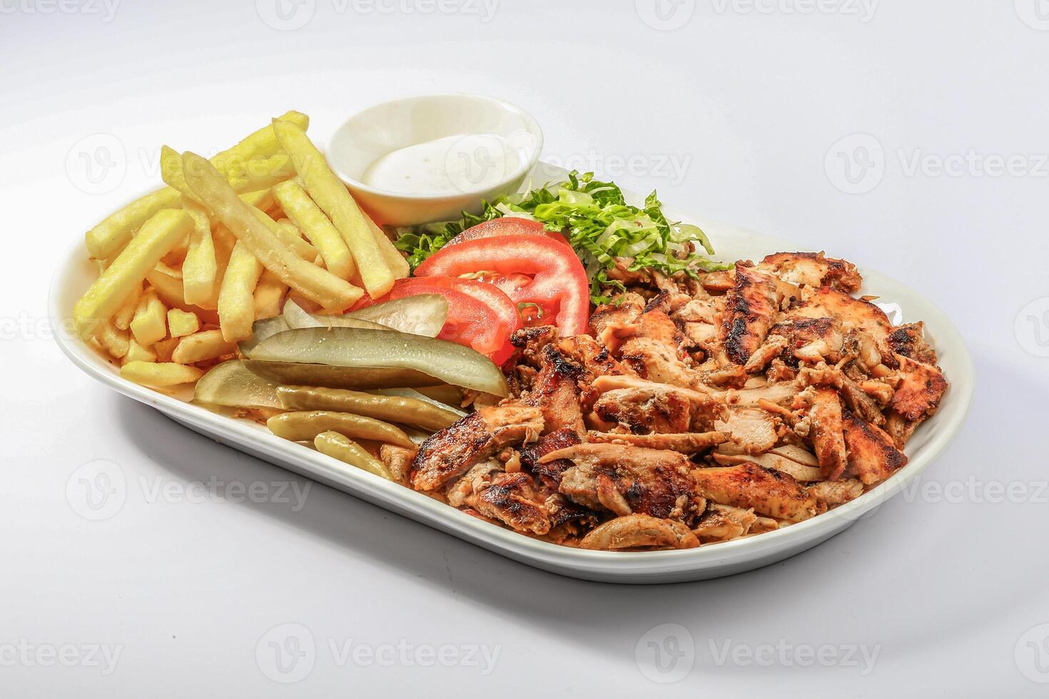 Hähnchen Döner Teller mit Salat, Fritten serviert im ein Gericht isoliert auf grau Hintergrund Seite Aussicht von arabisch Fast Food foto
