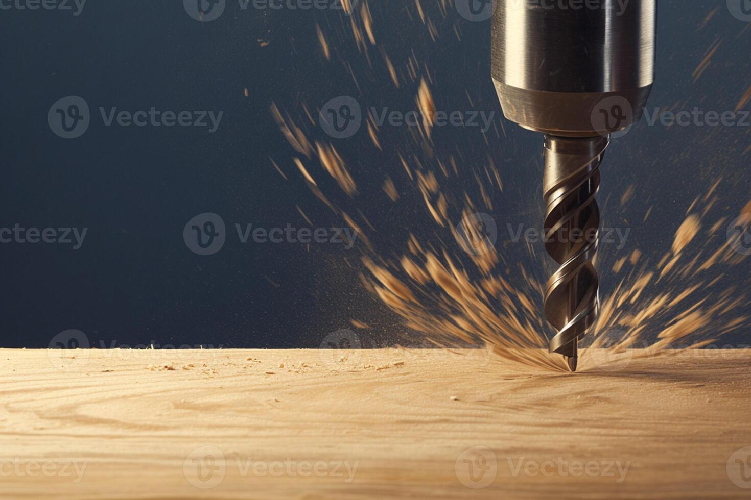 ai generiert Holzbearbeitung Szene Metall bohren bisschen Herstellung Löcher im hölzern Oberfläche foto