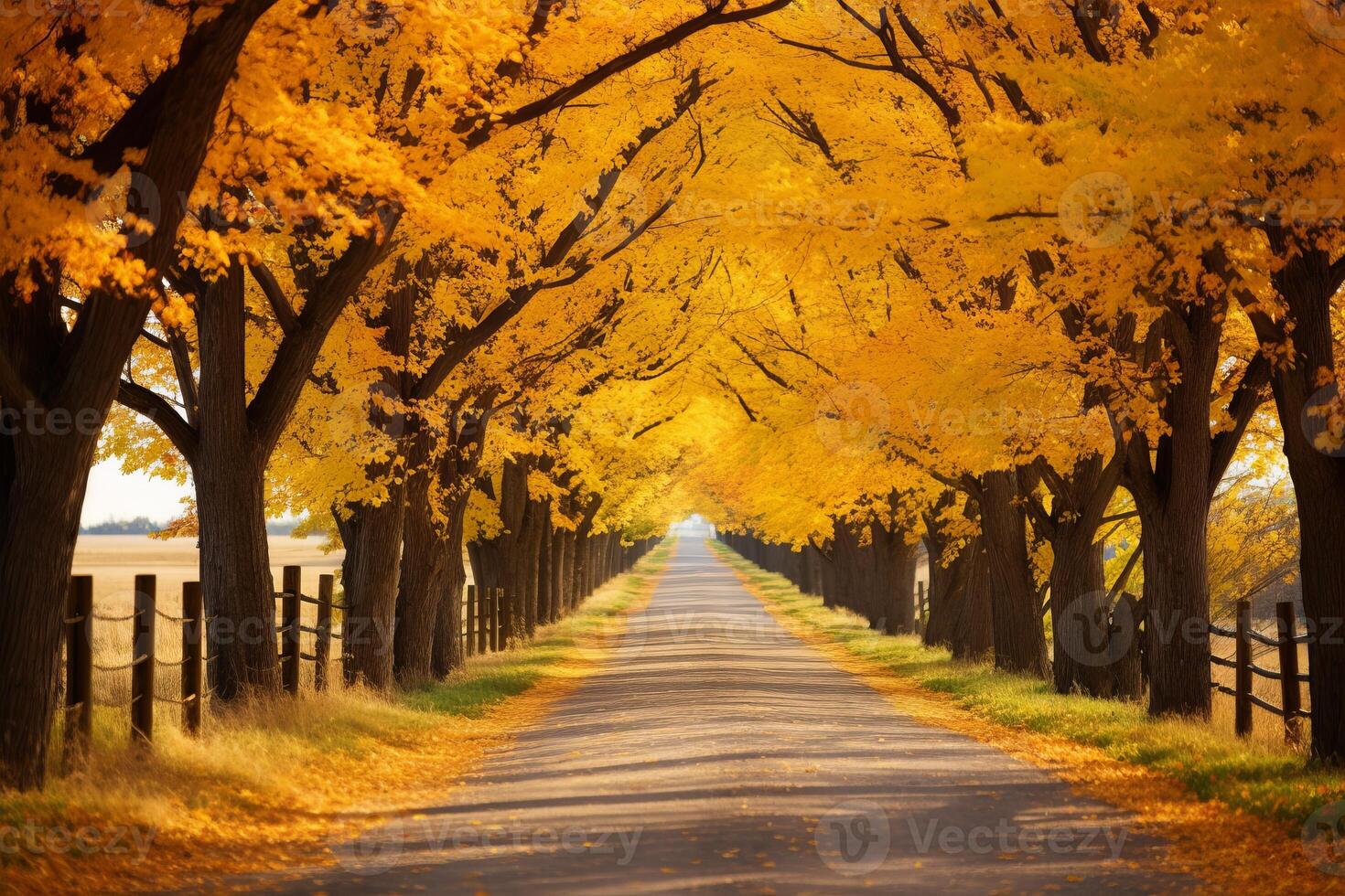 ai generiert charmant Land Straße gefüttert mit Bäume geschmückt im ihr Herbst am besten, führen zu ein Horizont von endlos fallen Schönheit. generativ ai foto