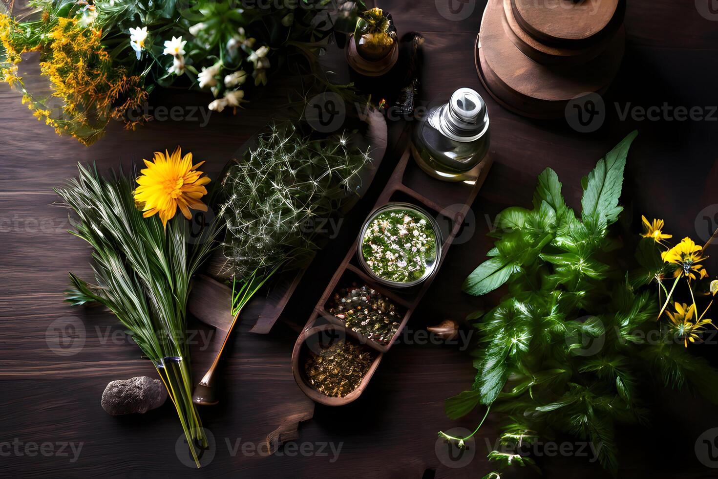 ai generiert Kräuter- und medizinisch Pflanzen sind vereinbart worden auf ein hölzern Tabelle foto