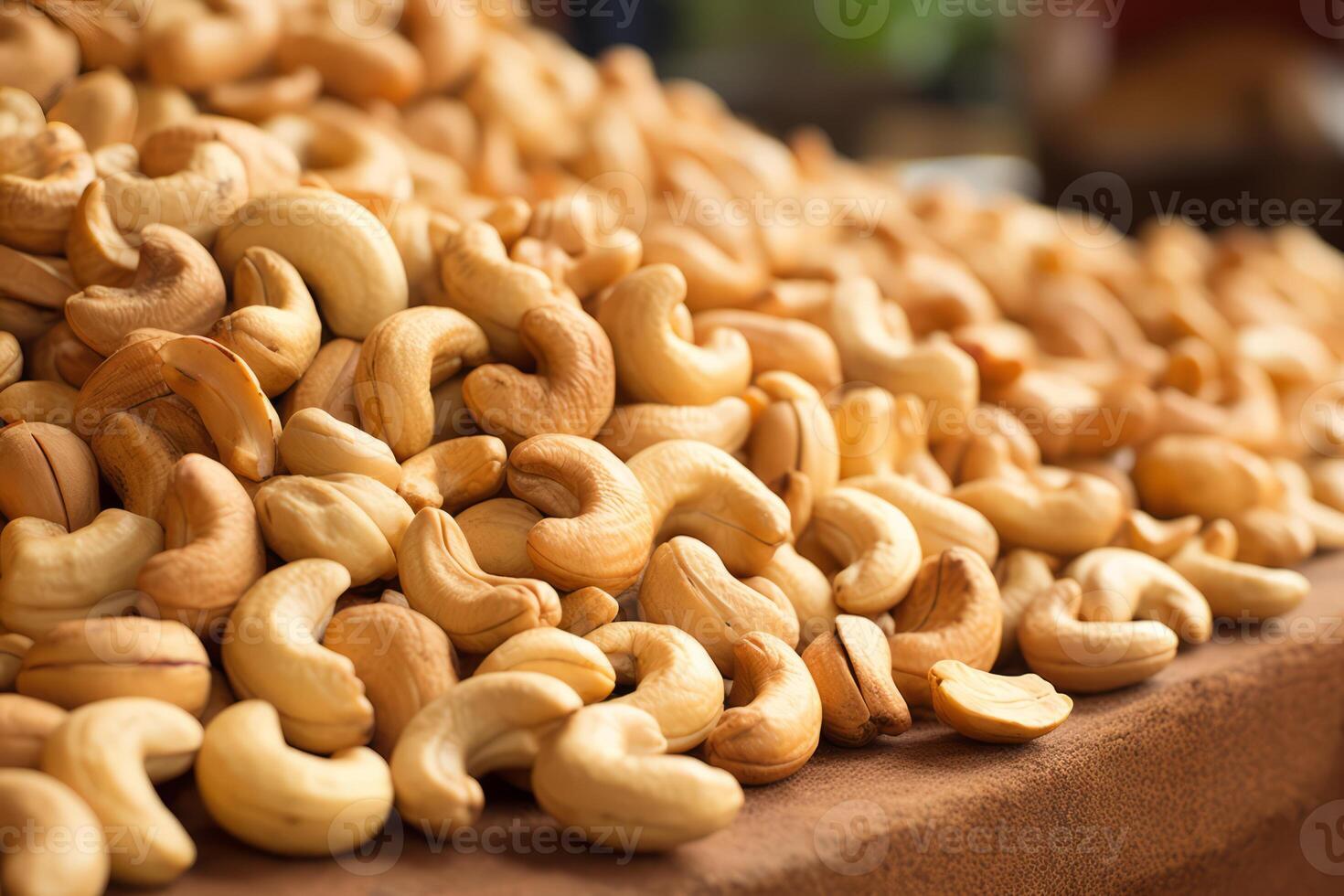 ai generiert schließen oben von Cashew Nüsse im ein Landwirte Markt Anzeige. generativ ai foto