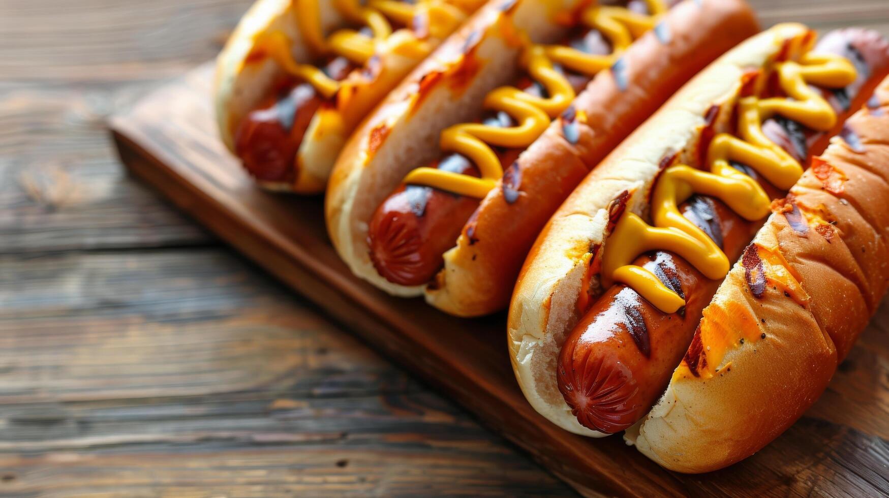 ai generiert drei heiß Hunde mit Senf und Ketchup auf Schneiden Tafel foto