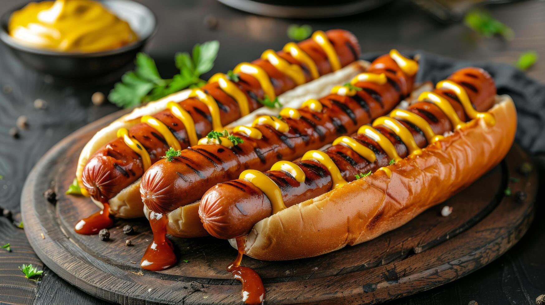 ai generiert drei heiß Hunde mit Senf und Ketchup auf Schneiden Tafel foto