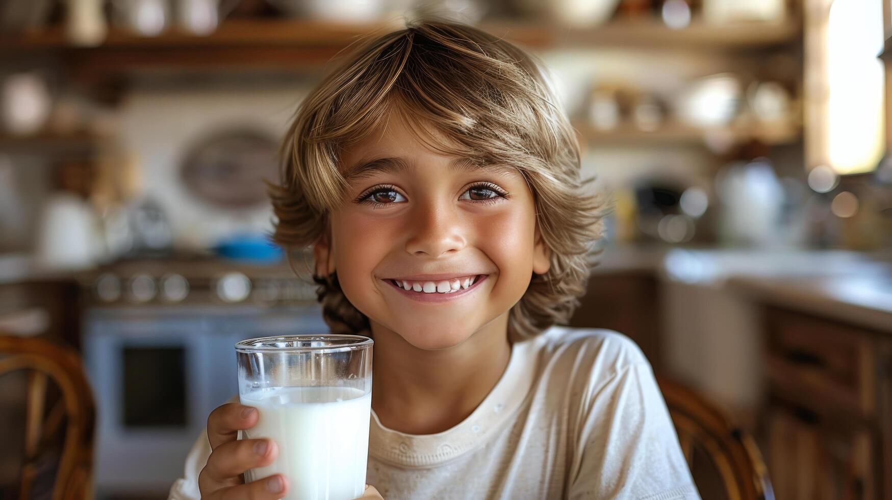 ai generiert jung Junge halten Glas von Milch foto