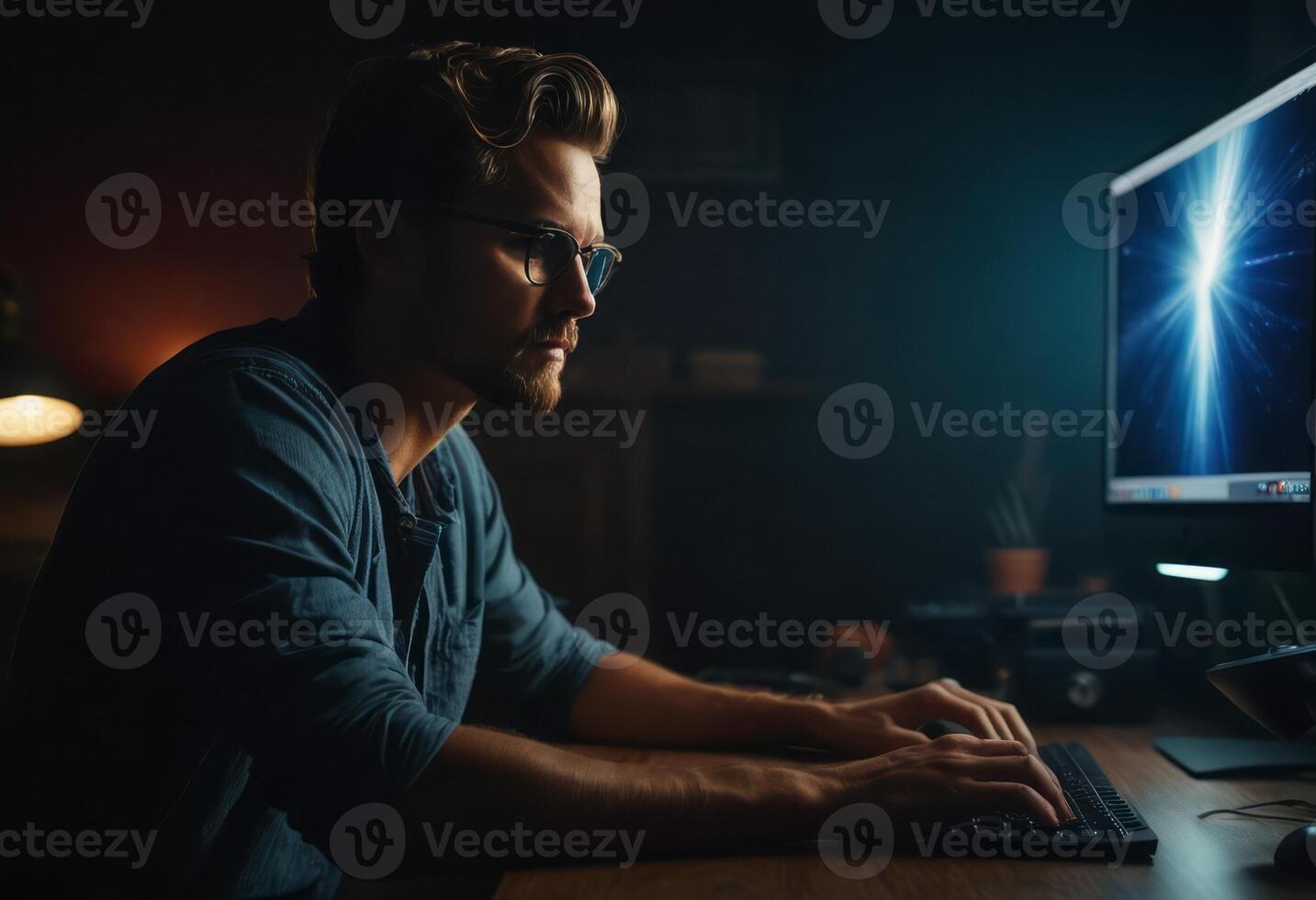 ai generiert ein Frau funktioniert fleißig beim ein Büro Schreibtisch spät in das Abend. ihr Widmung ist offensichtlich durch ihr konzentriert Haltung. foto