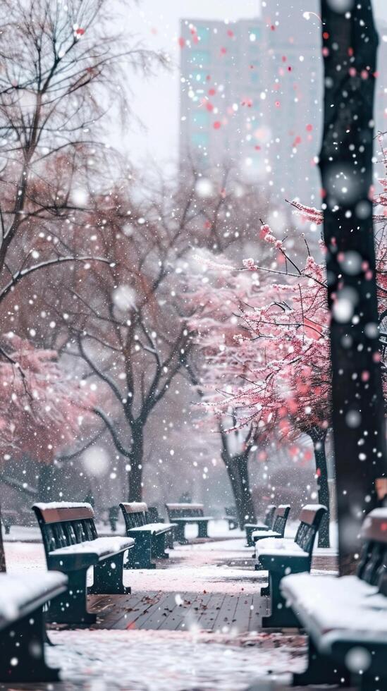 ai generiert Winter Stadt Park beim Schneefall mit wild Sakura Bäume. foto