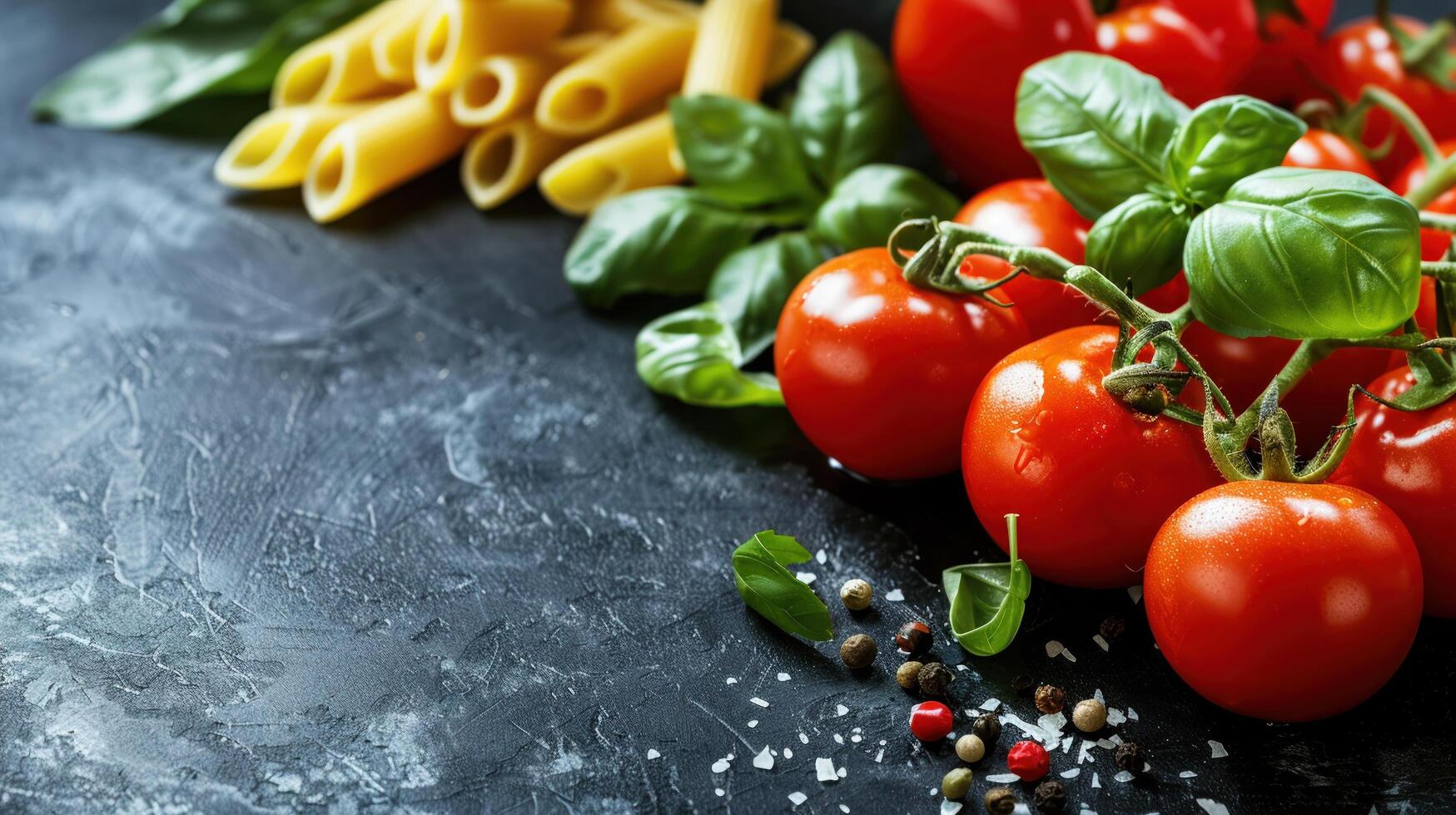 ai generiert ein Lebensmittelgeschäft Einkaufen Konzept präsentieren ein Auswahl von frisch Zutaten einschließlich Tomaten Pasta foto