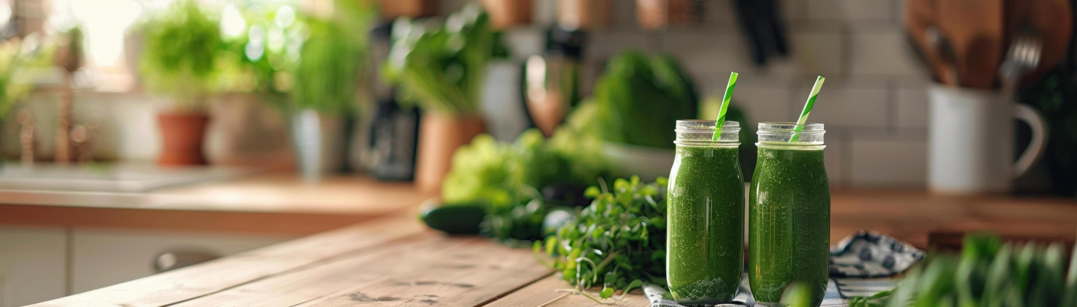 ai generiert ein gesund Grün Smoothies im Glas Gläser neben ein Vielfalt von Grün Gemüse auf ein Küche Zähler foto