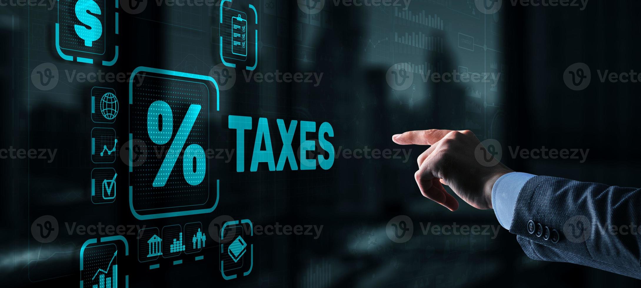 Konzept der von Einzelpersonen und Körperschaften gezahlten Steuern wie Mehrwertsteuer, Einkommensteuer und Vermögenssteuer. Hintergrund für Ihr Unternehmen foto