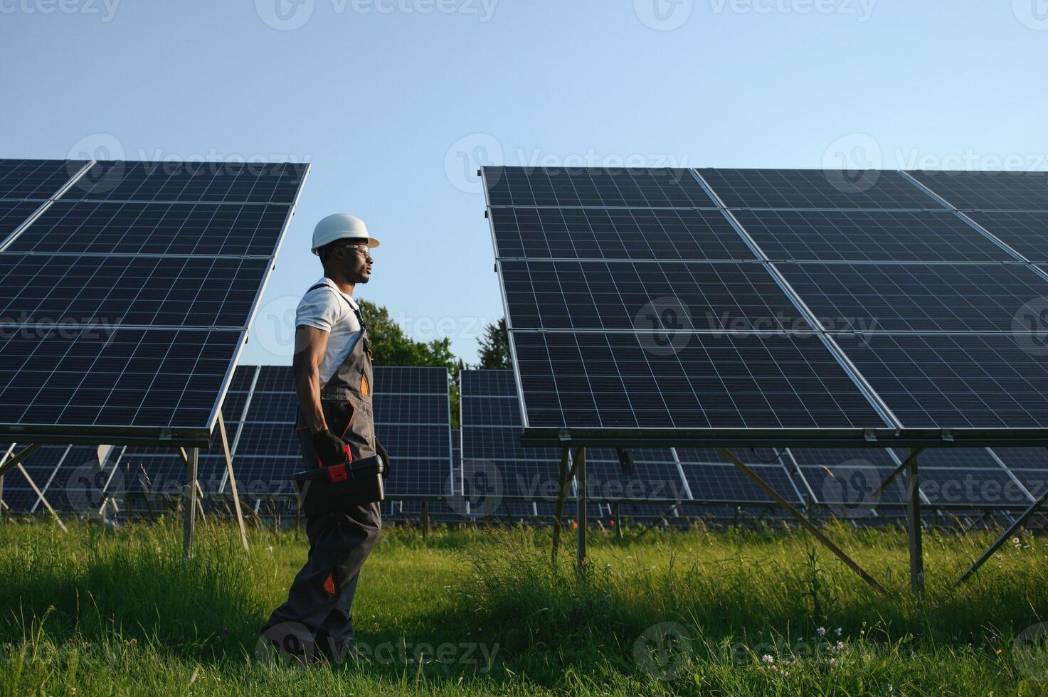 kompetent Energie Ingenieur im grau Overall und Weiß Helm Überprüfung Solar- Paneele während Gehen auf Feld. afrikanisch amerikanisch Mann Tragen Zwischenablage und Container mit Instrumente foto