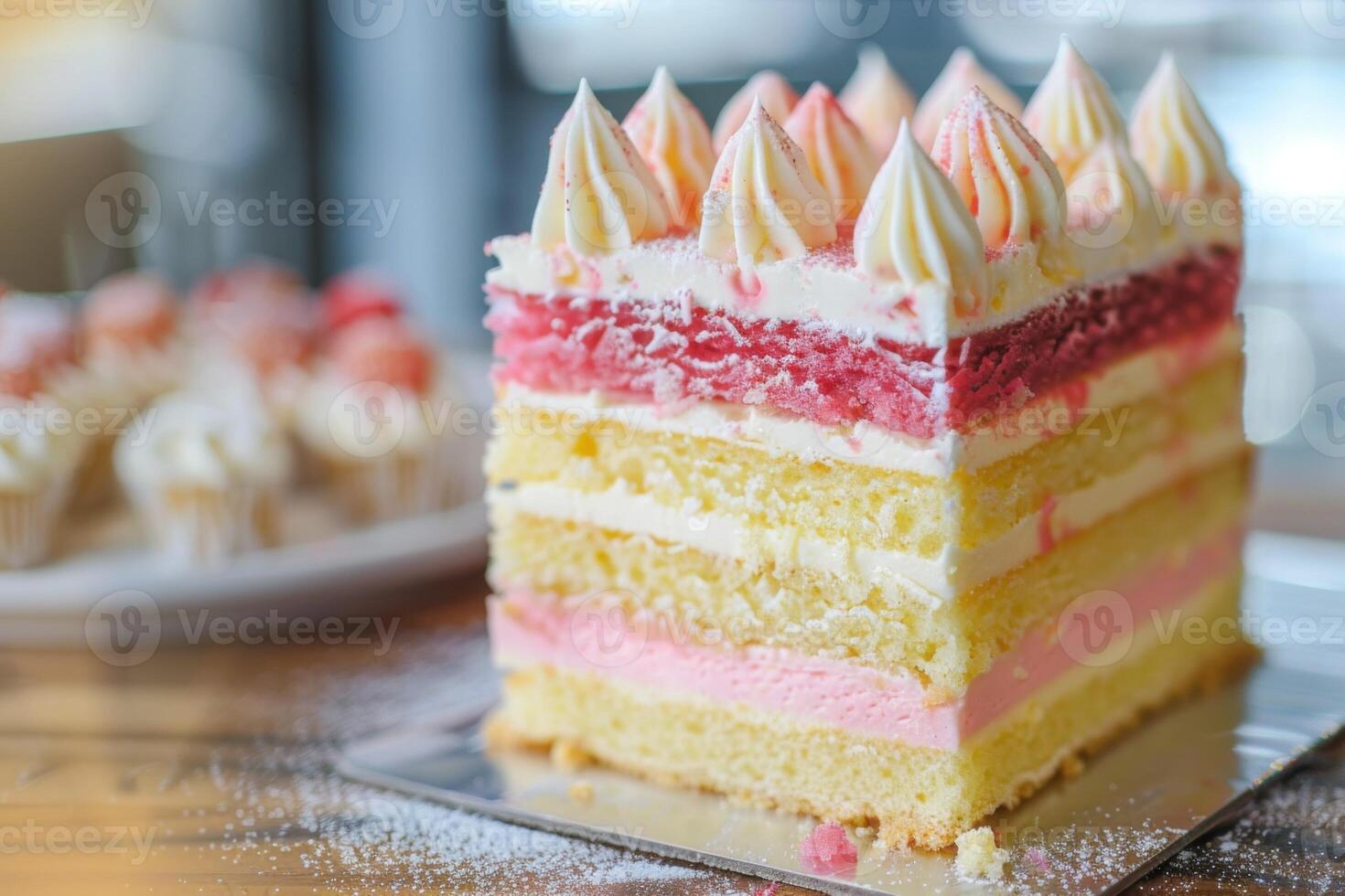 ai generiert geschichtet battenberg Kuchen Scheibe mit Rosa und Gelb Schwamm gekrönt durch Baiser foto