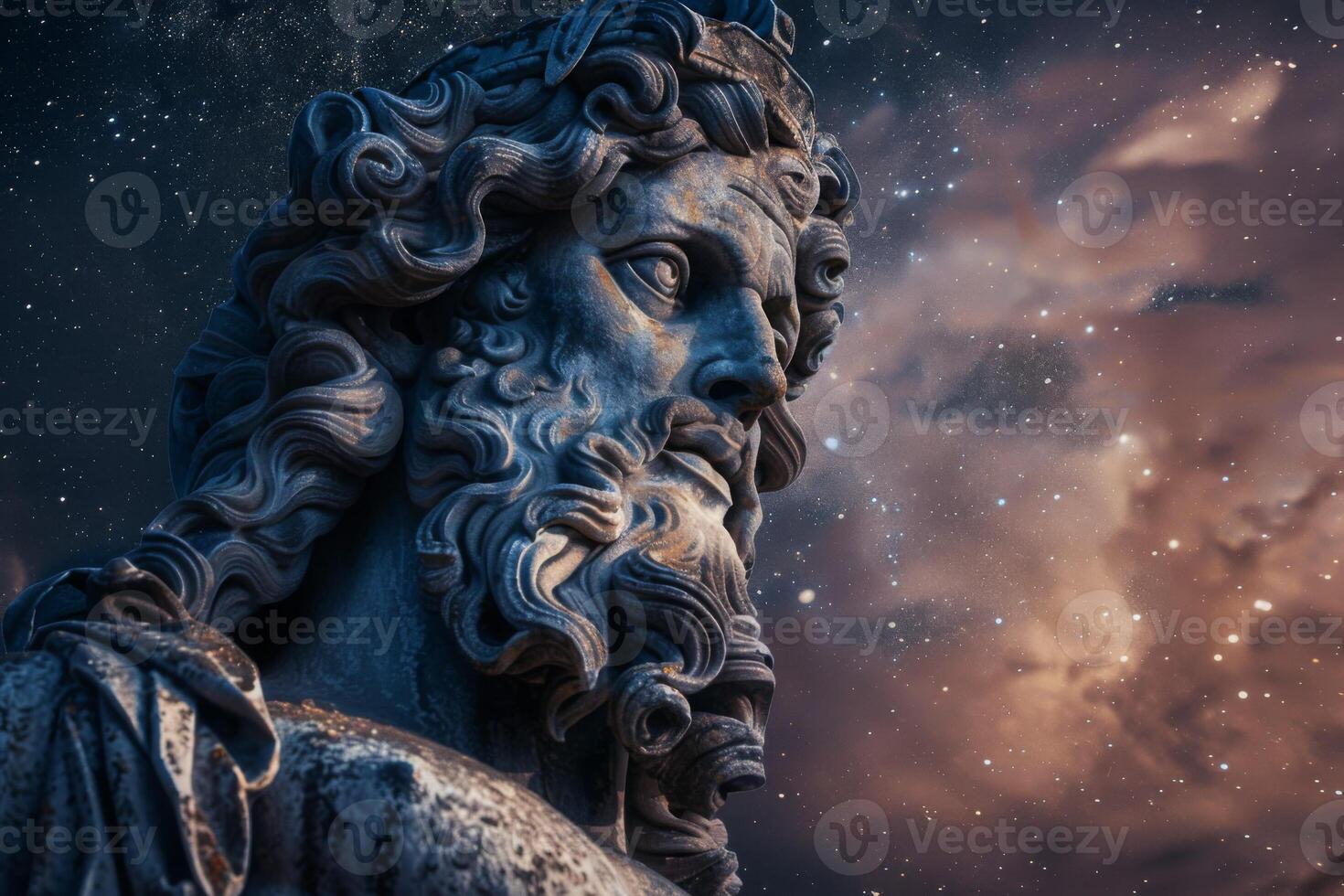 ai generiert Jupiter Statue unter Nacht Himmel ausströmend uralt römisch Gott Mythologie foto