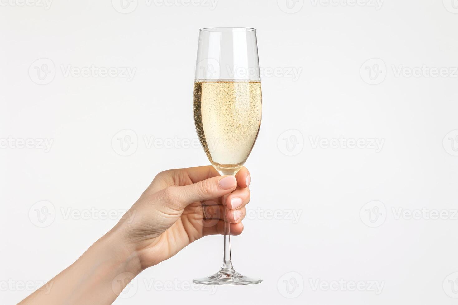 ai generiert weiblich Hand halten ein Glas von Champagner isoliert auf ein Weiß Hintergrund foto