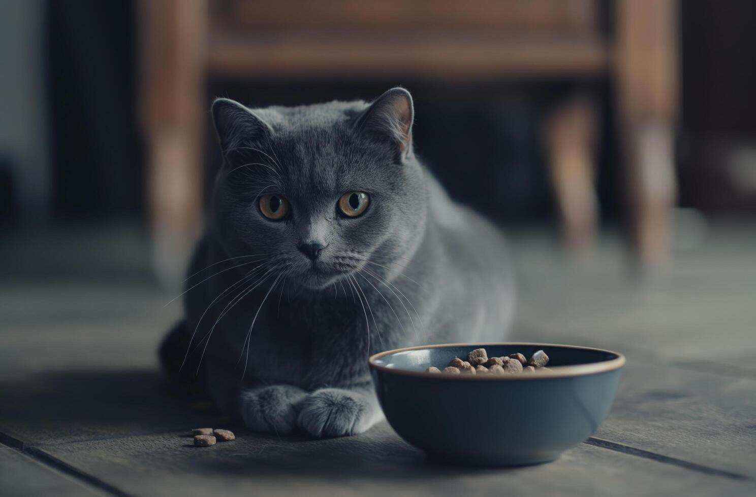 ai generiert grau Katze mit Essen Schüssel foto