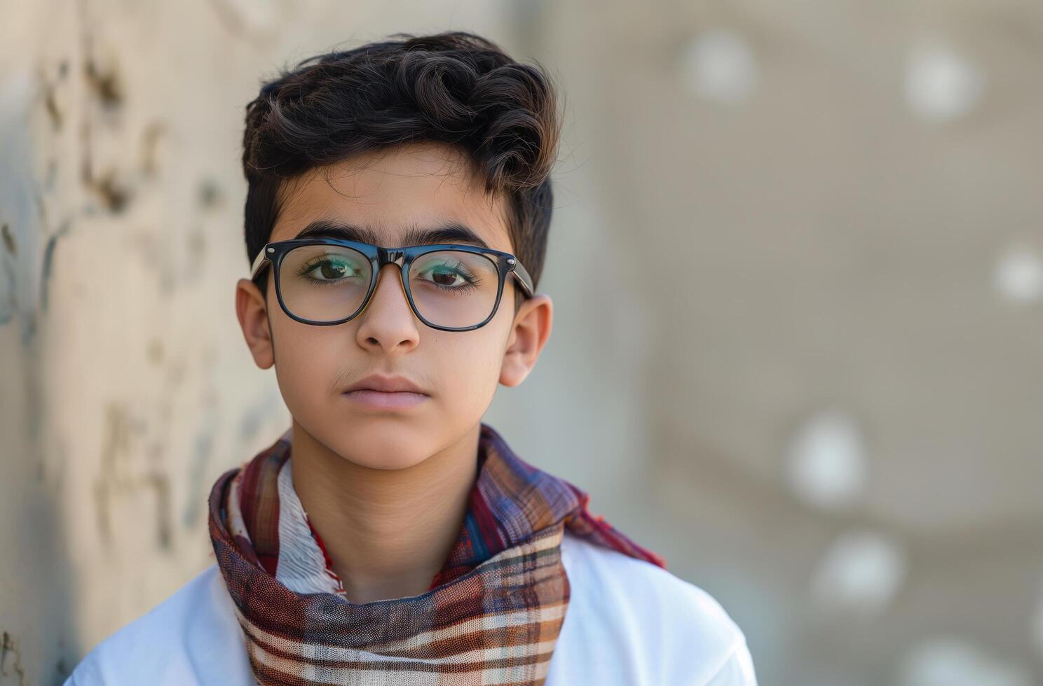 ai generiert Teenager arabisch Junge mit Brille foto