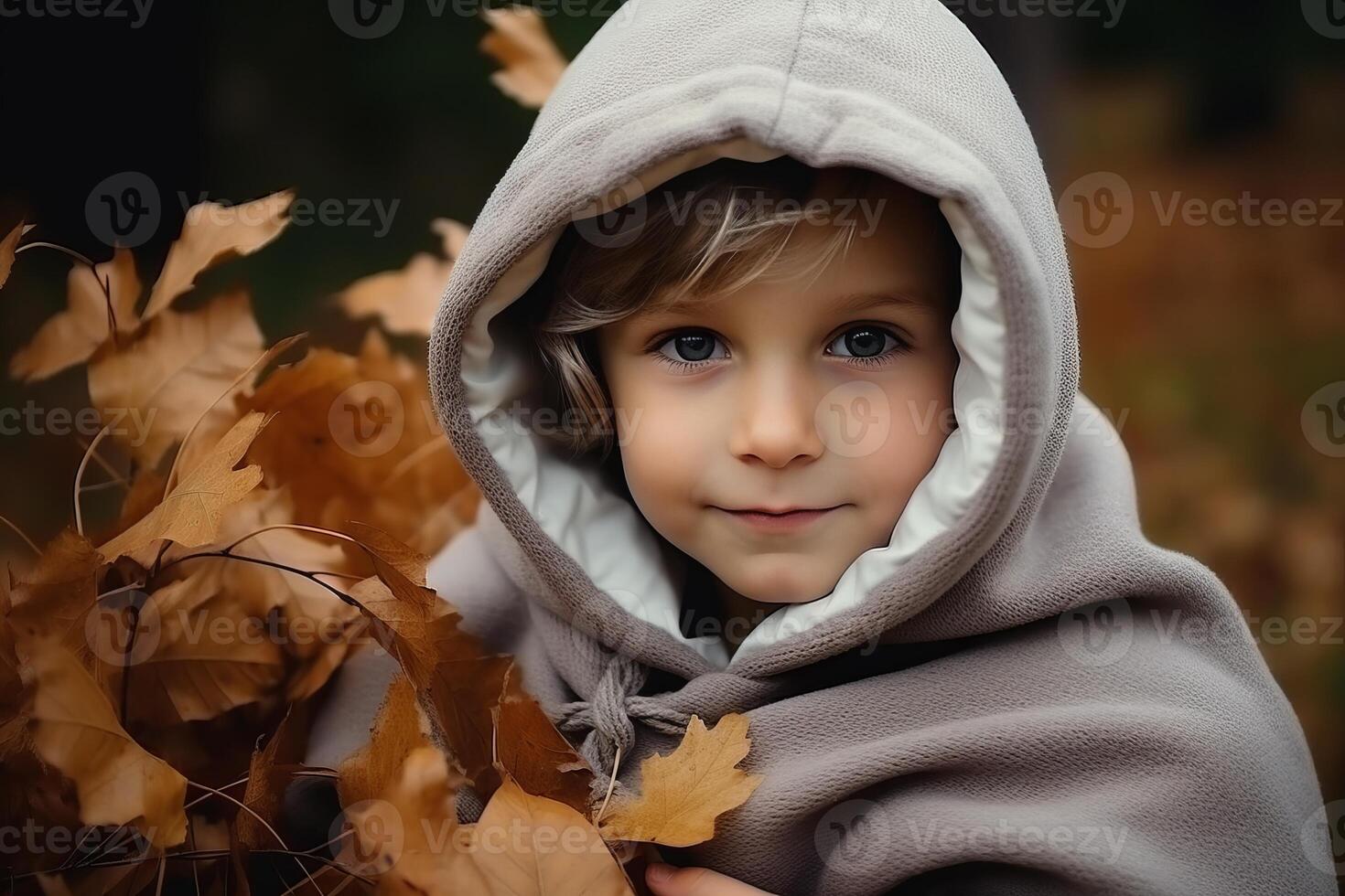 ai generiert begeistert preteen Junge mit strahlend lächeln, genießen das heiter Herbst Landschaft foto