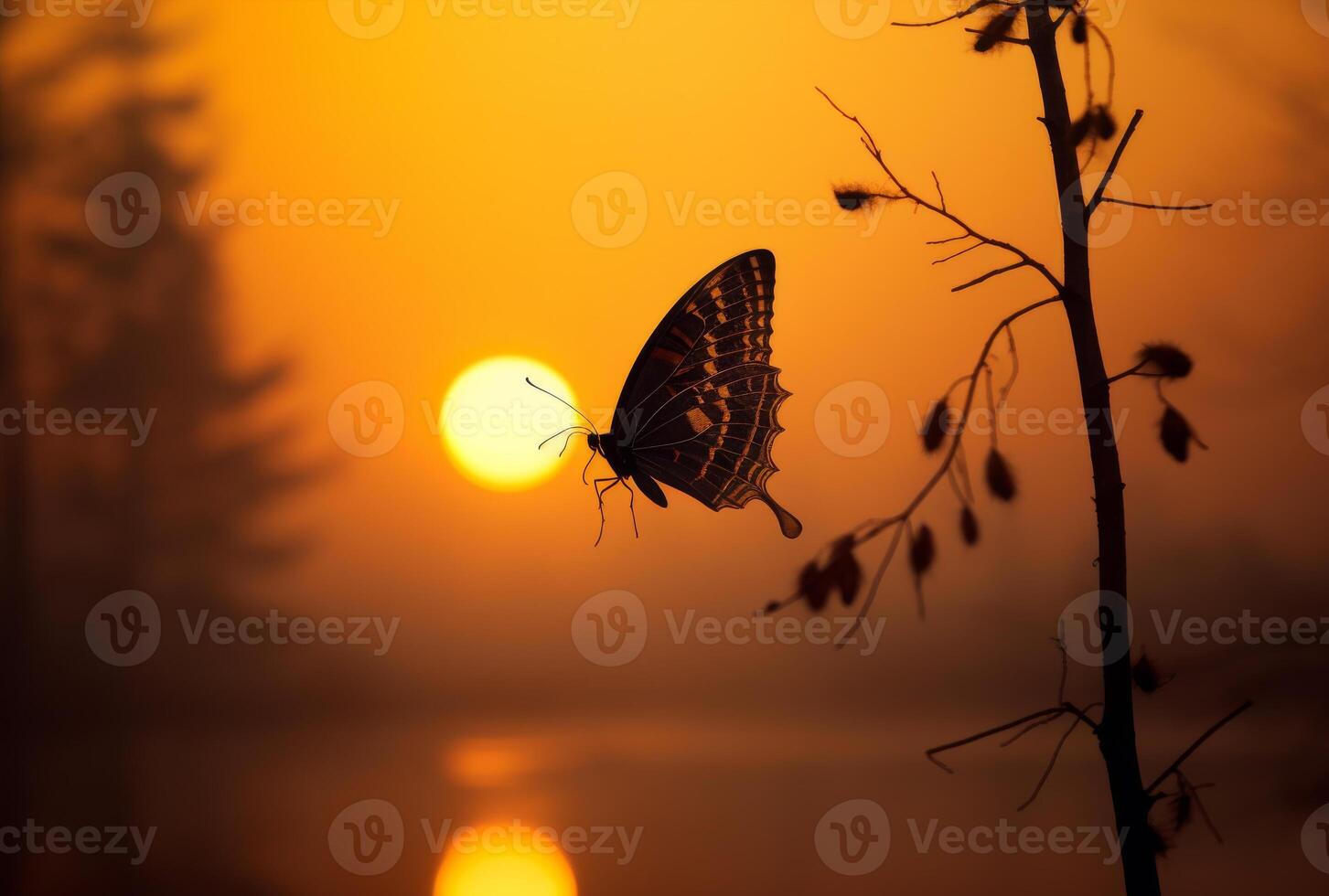 ai generiert Schmetterling und das Sonne. ein einer Schmetterling steht silhouettiert gegen ein Gelb Dämmerung foto