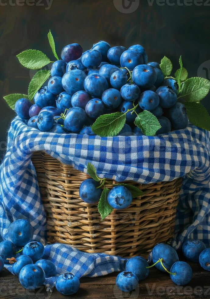 ai generiert frisch gepflückt Blaubeeren im Korb foto