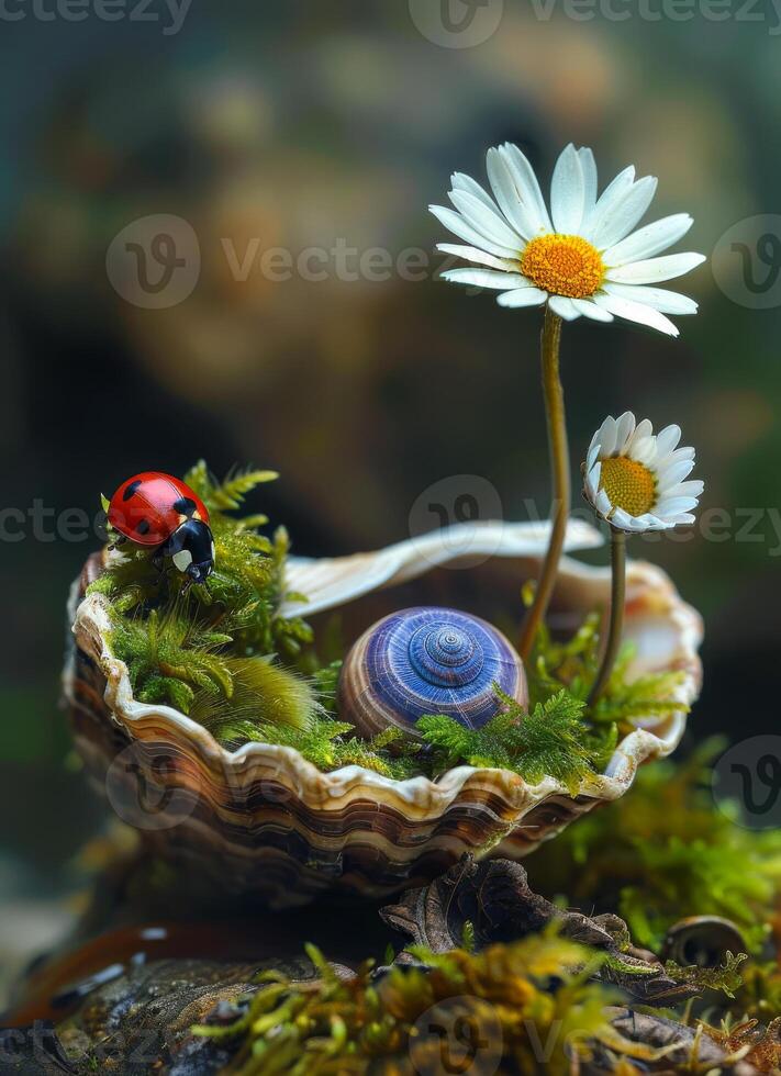 ai generiert Schnecke und Marienkäfer im Schale auf Grün Moos und Gänseblümchen foto