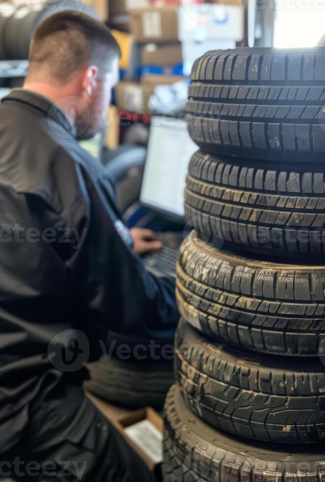ai generiert Mechaniker sitzt beim Laptop im Reifen Geschäft mit Reifen gestapelt im das Vordergrund. foto