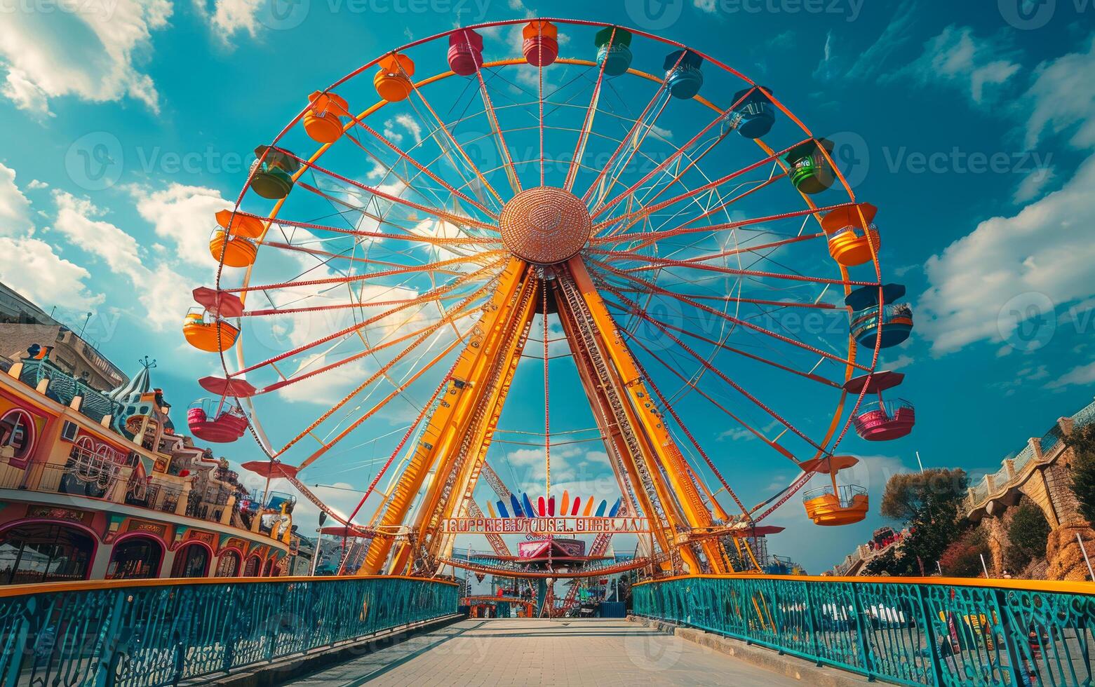 ai generiert Ferris Rad und Karussell im das Amüsement Park foto